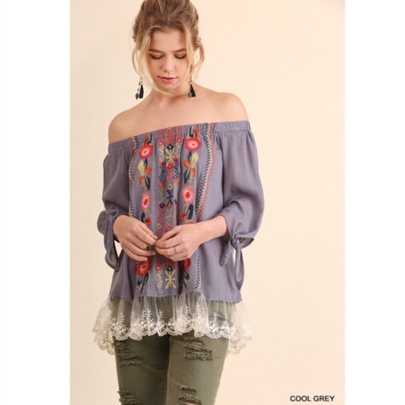 Embroidered off the shoulder top with lace hem - Picture 1 of 6